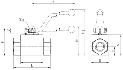 Рис.1. Схема габаритных размеров крана BKH-G12 DN 13 PN500 с отв. MHA